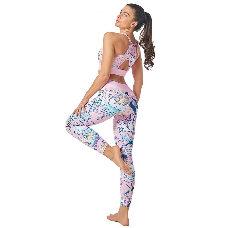Clothing Set Cartoon Alphabet Pattern Women Sports Bra Printed Yoga Pants Leggings_voghion.com