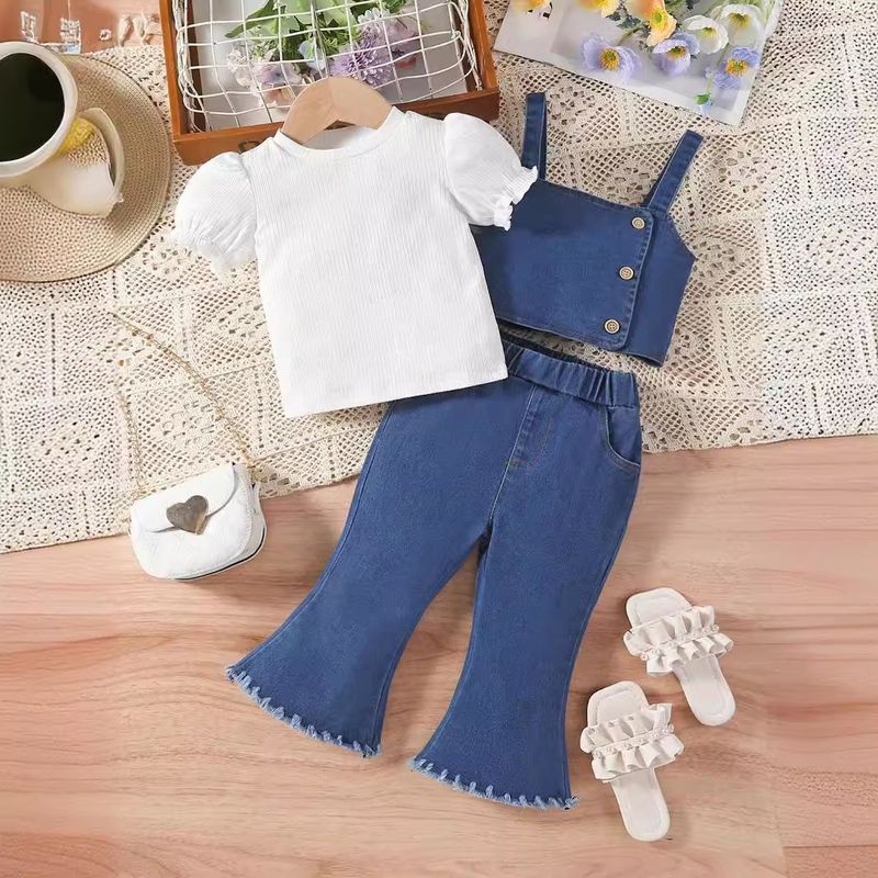 Summer children's pit stripe bubble short sleeved top+suspender denim vest+speaker pants girl set_voghion.com