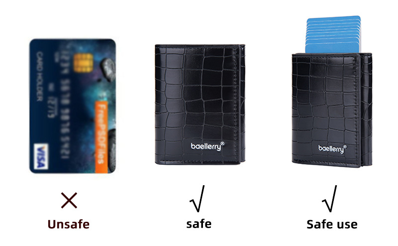 Baellerry neuer Kartenhalter für Herren RFID Metall-Aluminium-Box elastische Kartenbox Krokodilmuster dreifach gefaltete Brieftasche_voghion.com