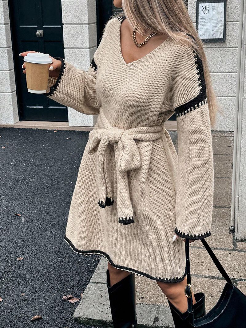Robe en maille oversize à col en V et ceinture ajustable – Robe longue bohème à manches longues pour l'automne_voghion.com
