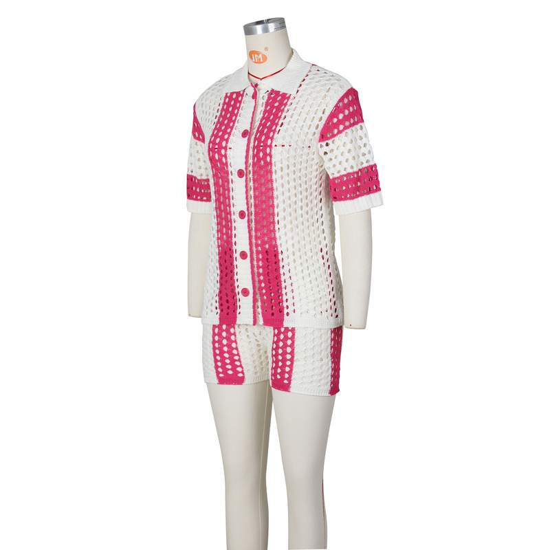Set di pantaloncini in maglia con risvolto trasparente scavati da donna sexy per abbigliamento da donna_voghion.com