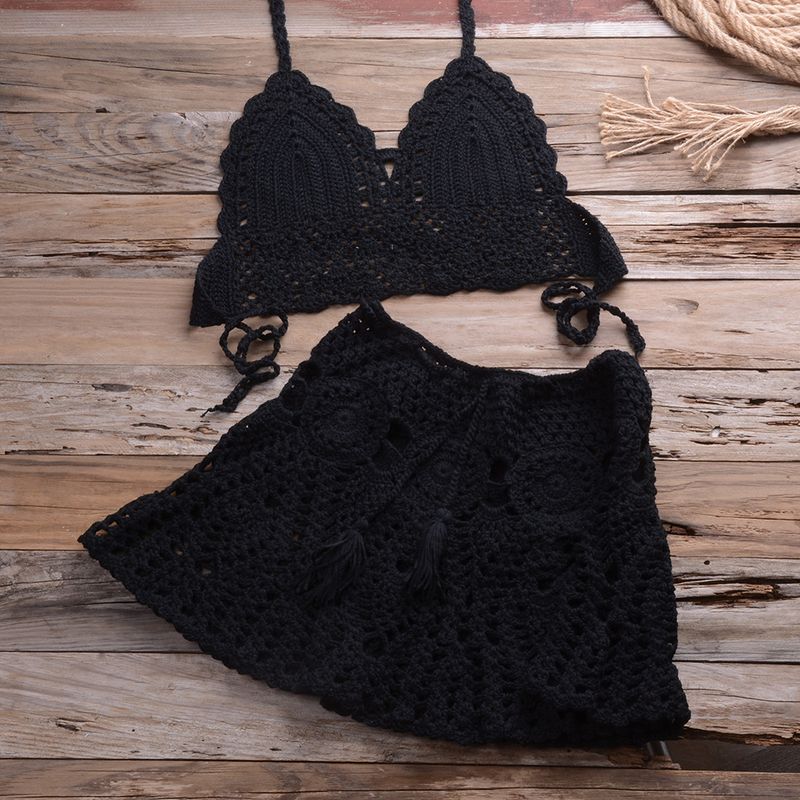 Vêtements pour femmes Crochet à la main Bikini Enveloppe de poitrine avec jupe plissée creuse sexy All Match Maillot de bain fendu_voghion.com