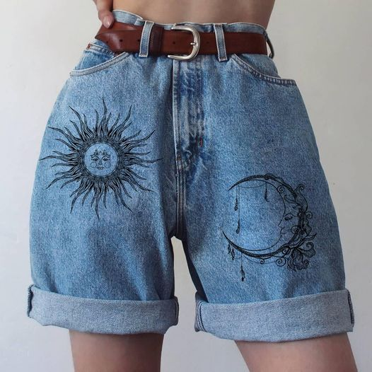Short en jean à ourlet retroussé imprimé pour filles_voghion.com