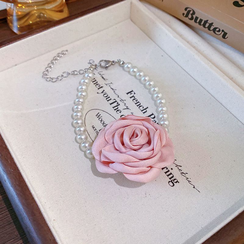 Collier ensemble de perles de fleurs en tissu, nouvelle chaîne minimaliste de clavicule perlée de tempérament doux français, décoration de cou pour_voghion.com