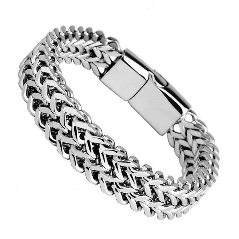Men's Titanium Fashion Double Row Stainless Steel Hip Hop Trendy Thick Magnetic Clasp Cuban Bracelet_voghion.com