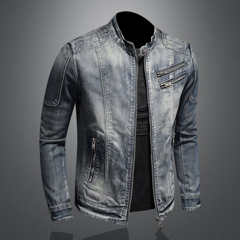 Veste de moto en jean pour homme, décontractée et polyvalente, à col montant et fermeture éclair, idéale pour toutes les saisons_voghion.com