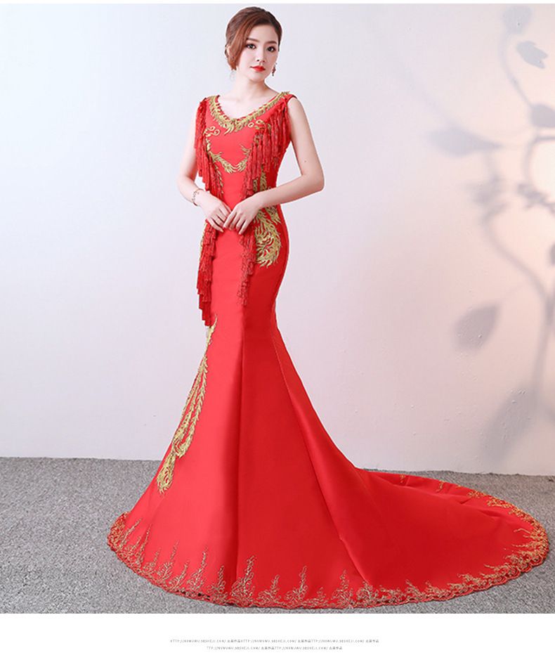 Abendkleid im chinesischen Meerjungfrauenstil – trägerloses rotes Hostessenkleid mit Schleppe, elegant für Bühnenauftritte und Modenschauen_voghion.com
