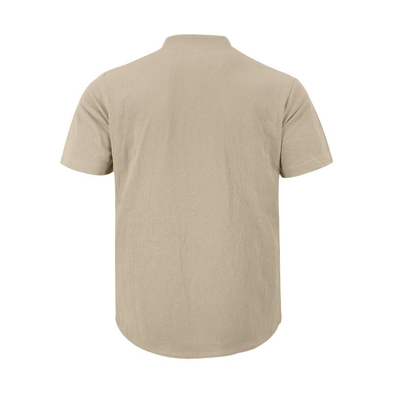 Camicia casual estiva da uomo, ampia, con colletto alto, abbottonata, in lino, a maniche corte, tinta unita, taglie forti_voghion.com