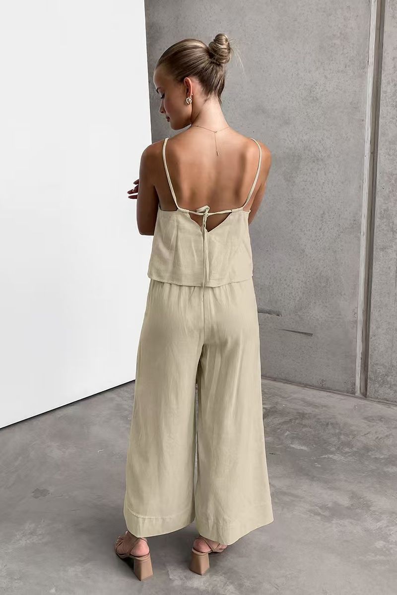 Pantaloni con bretelle in cotone e lino, estivi, europei e americani, 2025, comodi e larghi, casual, set da due pezzi_voghion.com