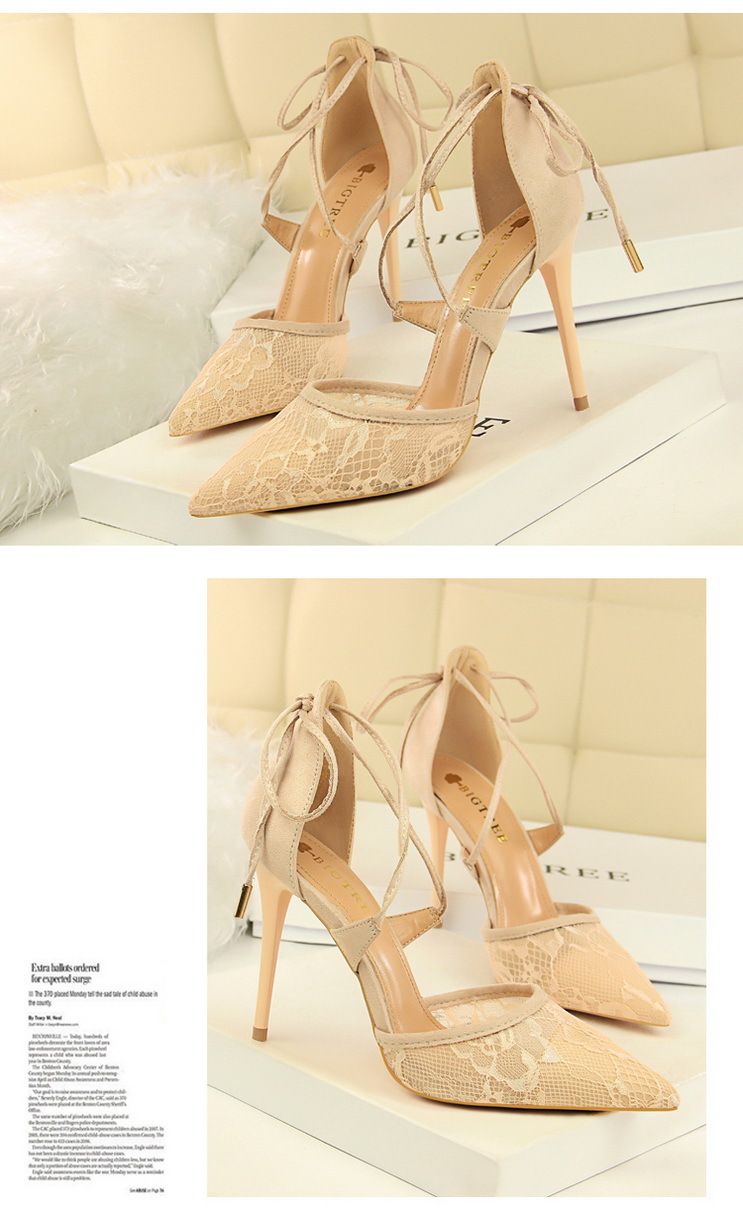 1627-6 Styl Sexy Tenké Vysoké Podpatky Mělké Vroubkované Síťované Krajkové Sandály Cross Cut_voghion.com