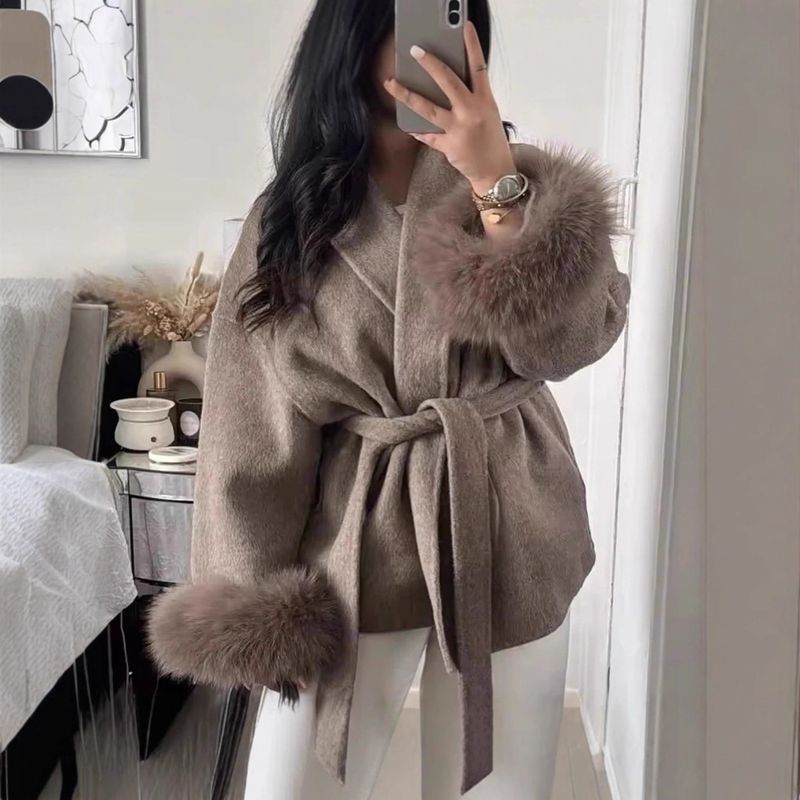 Women's Clothing Autumn And Winter Woolen Coat Short Coat Women's Cuffs Fur V Neck Lace Up Solid Color_voghion.com
