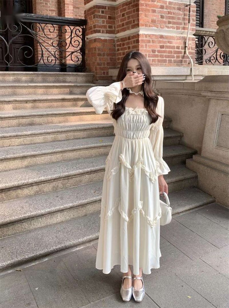 Dolce e gentile francese 2024 primo amore autunno maniche nuovo temperamento snellente vestito, gonna lunga_voghion.com