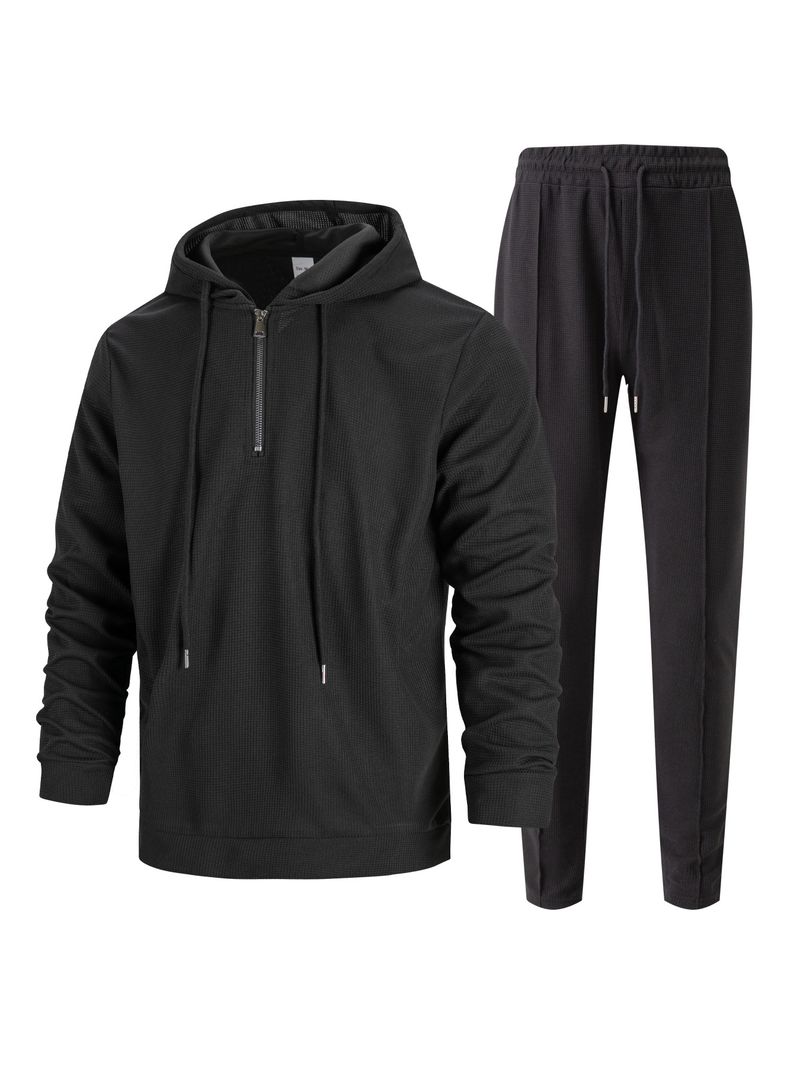 Men's Waffle-Knit Hoodie & Jogger Set – Lightweight Zip-Up Loungewear (S-3XL) | Breathable Polyester For Casual & Sporty Style_voghion.com