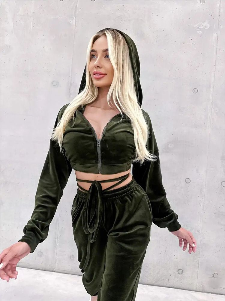 Women's Clothing Casual Zip-Up Hoodie & Jogger Set - Solid Color Streetwear Two-Piece Outfit With Drawstring & Elastic Waistband (Army Green)_voghion.com