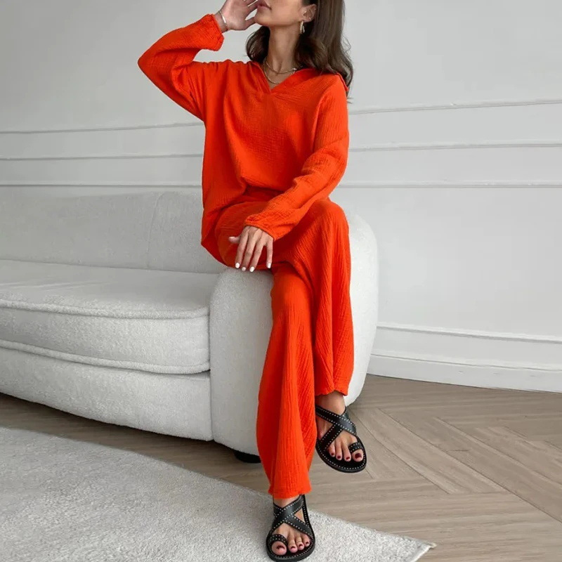 Top a maniche lunghe moda donna + pantaloni con coulisse set set in due pezzi con risvolto primaverile e autunnale_voghion.com