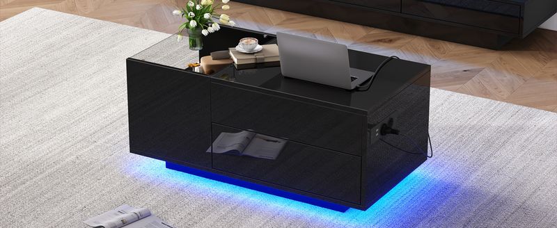 Table basse réglable en hauteur 95 x 48 x 42 cm avec rangement dissimulé, éclairage LED, tiroir et prise de courant - Table d'appoint de salon noire_voghion.com