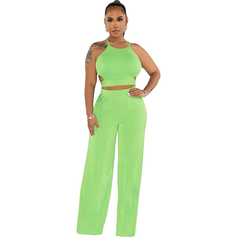 Women's clothing Halter cross strap solid color wide-leg pants two-piece set _voghion.com