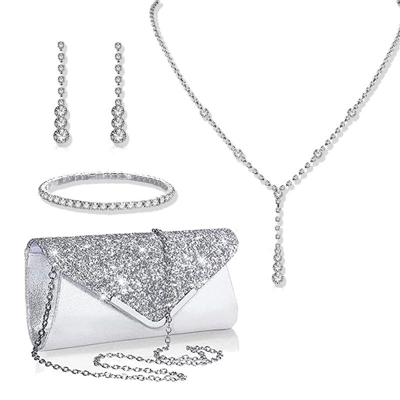 Set di gioielli da donna: elegante collana a V, orecchini, bracciale e fermagli per abiti con dettagli in strass per feste serali e occasioni speciali_voghion.com