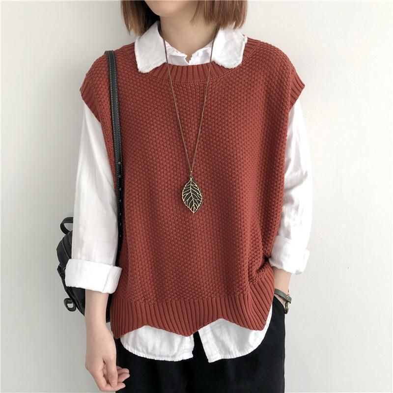K Women's Knitted Vest; Pure Color, Loose, Round Neck, Irregular Pullover Short Cardigan._voghion.com
