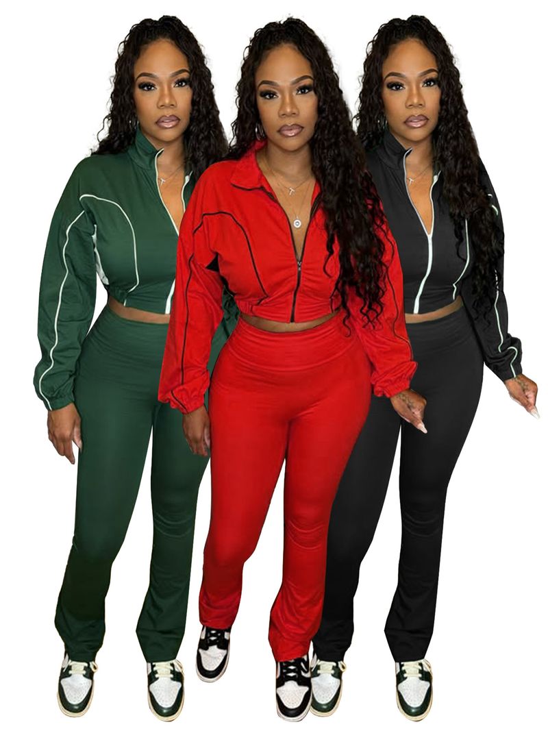 Women's Stylish Two-Tone Contrast Stitching Zip-Front Flared Pants Set – Trendy Office & Casual Outfit_voghion.com