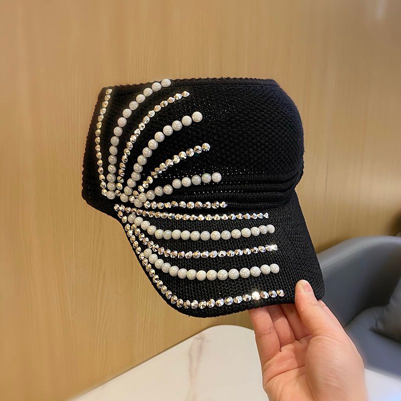 Cappello da donna con perle e strass, cappello a cilindro vuoto, versatile, traspirante, lavorato a maglia, visiera, berretto senza maniche_voghion.com