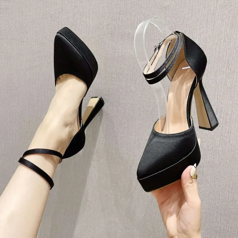 Ultra Ddmysaturn CM High Thick Heel Waterproof Platform Pointed Toe Bow Head One Line Buckle With Rhinestone Sandals_voghion.com