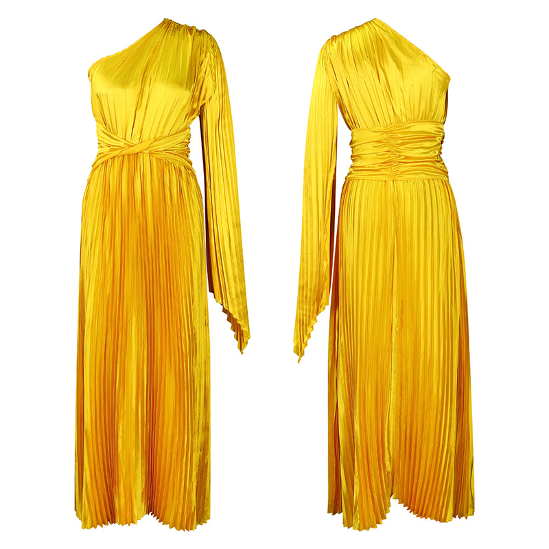 women's clothing new one-shoulder pleated long skirt oblique collar waist dress _voghion.com