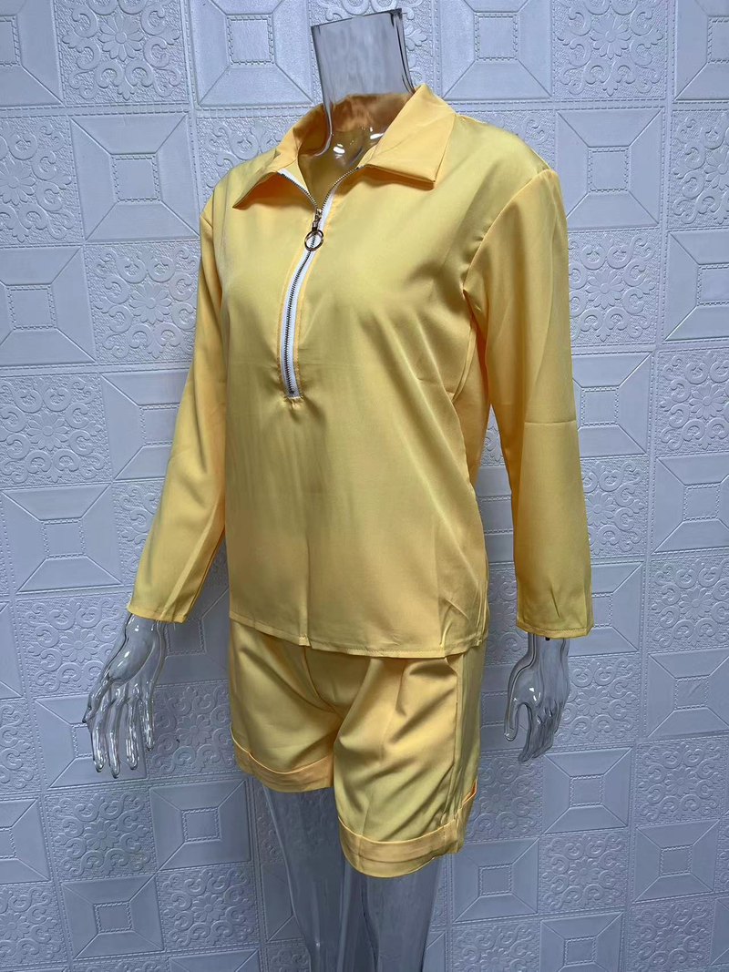 Completo da donna alla moda, pantaloncini con cerniera stampata a maniche lunghe, set da due pezzi_voghion.com