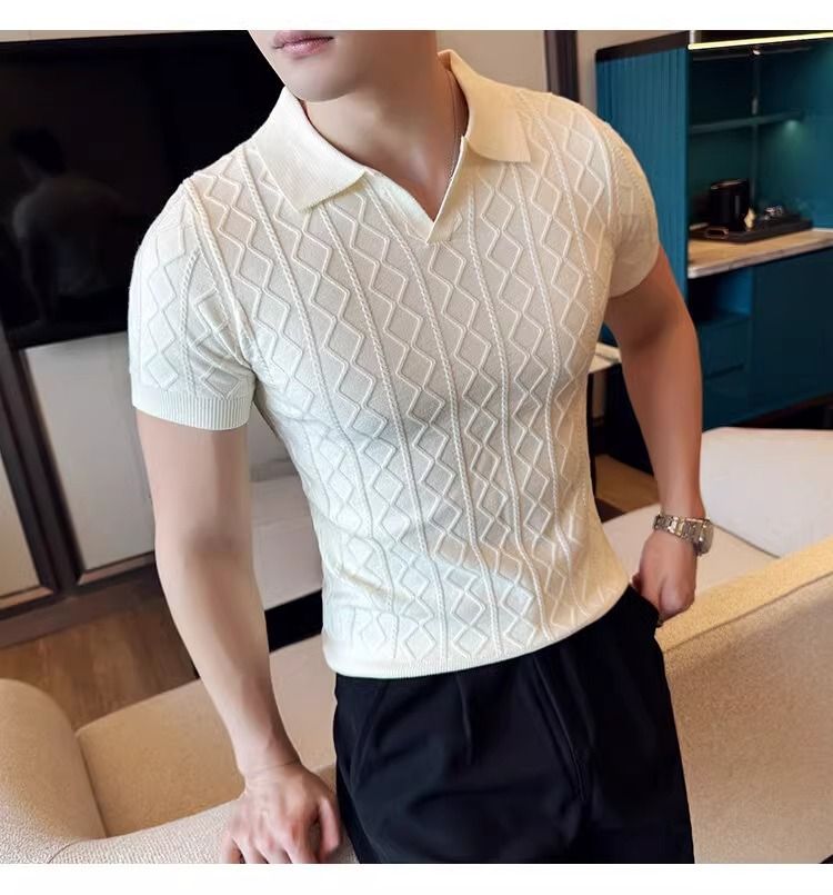 HerrenbekleidungKurzarmpullover Strukturiertes Poloshirt für Herren Revers V-Ausschnitt Slim Fit Business-T-Shirt_voghion.com