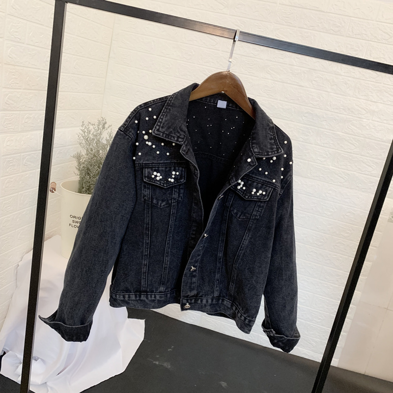 Chaqueta vaquera de manga larga para mujer, chaqueta vaquera holgada con botones y perlas, solapa corta, informal salvaje, entrega rápida, novedad de otoño de 2023_voghion.com