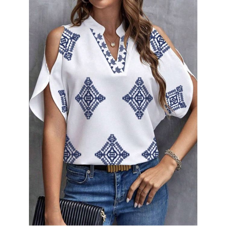 Abbigliamento da donna transfrontaliero SheInTemu Camicia a maniche corte casual e comoda popolare Casual Versatile Moda Casual Scollo a V Stampa_voghion.com