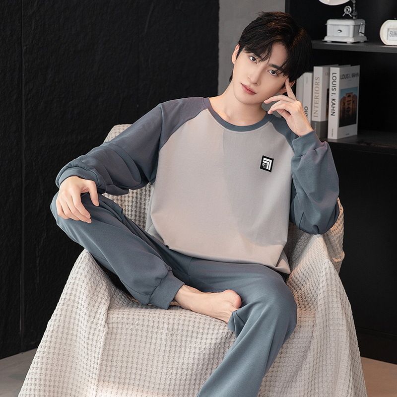 Pijamas masculinos no outono, pulôver de algodão, manga comprida, ajuste solto, tamanho grande, terno masculino para casa para o outono_voghion.com