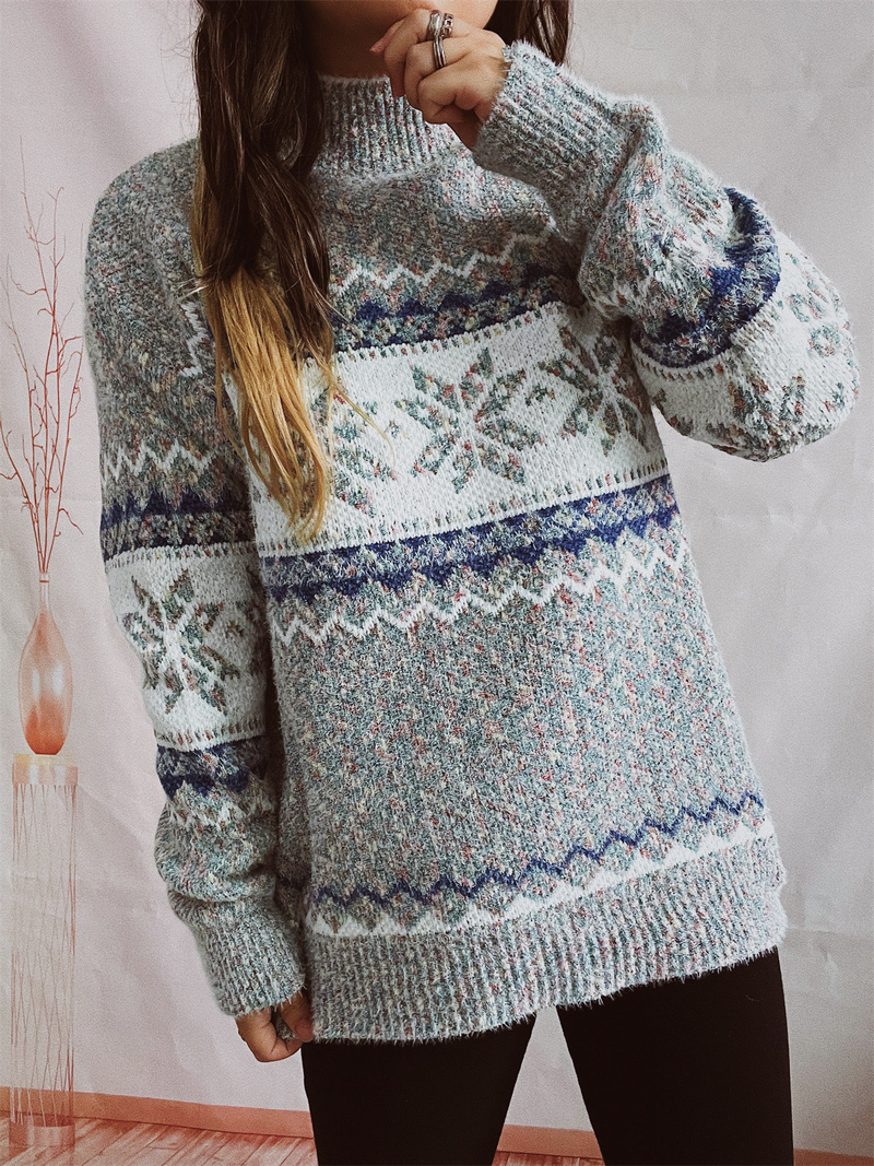 Pull tricoté à manches longues et col roulé pour femme, pull épais en chenille, motif flocon de neige, automne et hiver_voghion.com