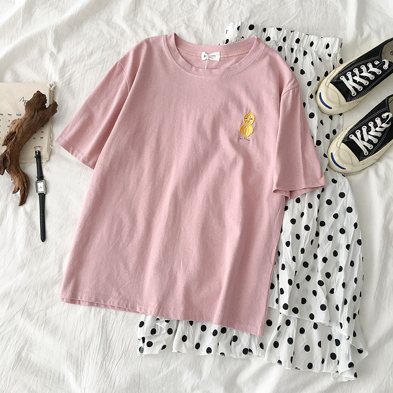 Nuova maglietta sudcoreana a maniche corte da studente con ricamo a forma di animale della Corea del Sud, girocollo, abiti estivi, vestibilità ampia, per donna_voghion.com