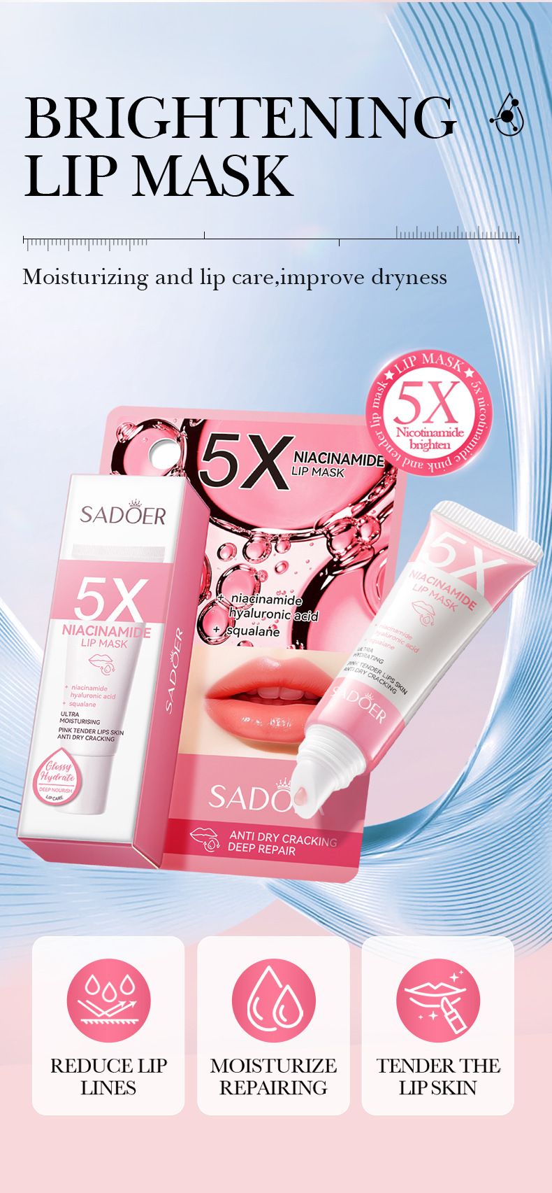 Balsamo per labbra SADOER Five Times Niacinamide Powder Maschera labbra nutriente anti-secchezza e screpolature 10 g Maschera labbra Meridian Amide Maschera labbra alla vitamina C_voghion.com