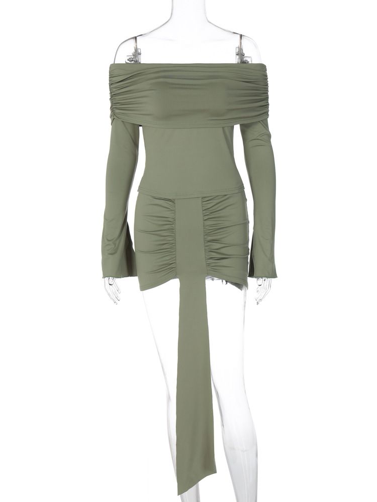 Women's clothing 2024 spring new product fashionable and sexy solid color pleated one shoulder long sleeved set women's_voghion.com