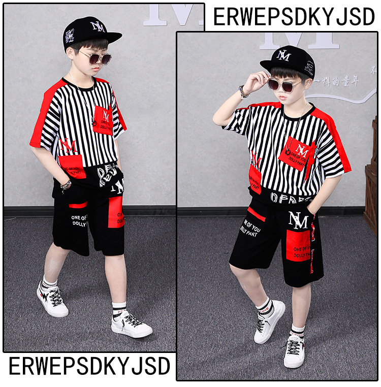 Abbigliamento per bambini, completo per ragazzi, maglietta estiva a maniche corte a righe, ragazzi grandi, versione coreana, pantaloni divisi, due pezzi_voghion.com
