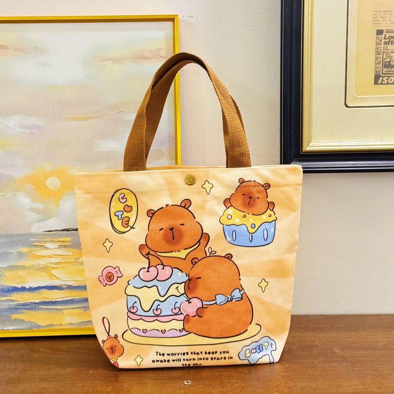 Canvas Bucket Bag For Women, Birthday Lunch Small Handheld Cute Portable Tote Bag, Capybara_voghion.com