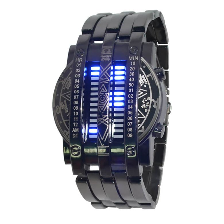 Relógio Digital Binário LED Masculino - Cronógrafo Empresarial Elegante com Pulseira de Corrente, Calendário e Mostrador Mensal, Resistente à Água_voghion.com