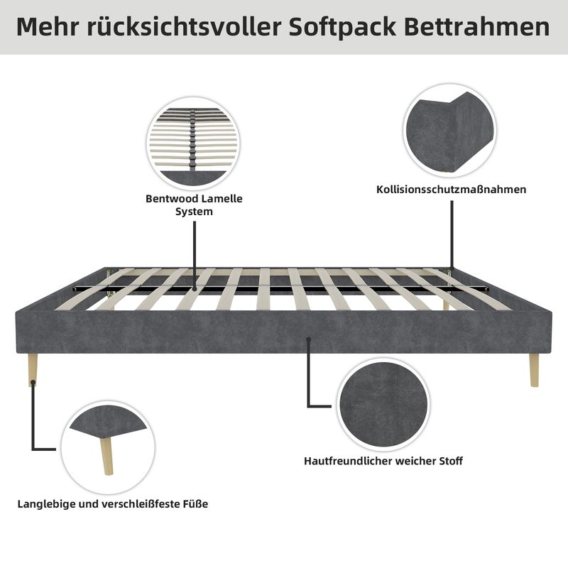 Modernes Bettgestell 160x200cm, Grigio, Veloursstoff, Design a basso profilo_voghion.com