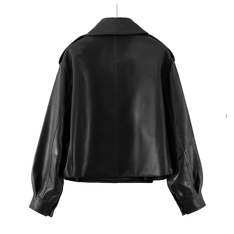 Women's Loose Fit Short Turn-Down Collar PU Jacket 2024 Autumn New Korean Style Motorcycle Leather Coat_voghion.com
