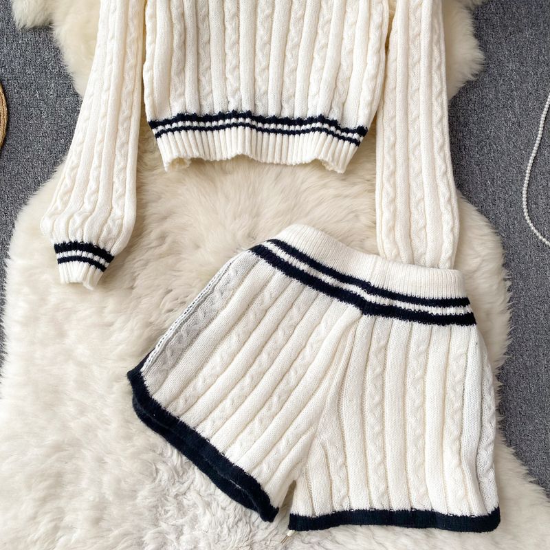 Women's Clothing Autumn and winter lazy style loose lapel striped sweater + high waist slim wide leg shorts knitted suit_voghion.com