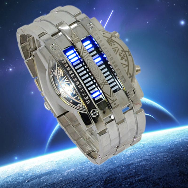 Relógio Digital Binário LED Masculino - Cronógrafo Empresarial Elegante com Pulseira de Corrente, Calendário e Mostrador Mensal, Resistente à Água_voghion.com