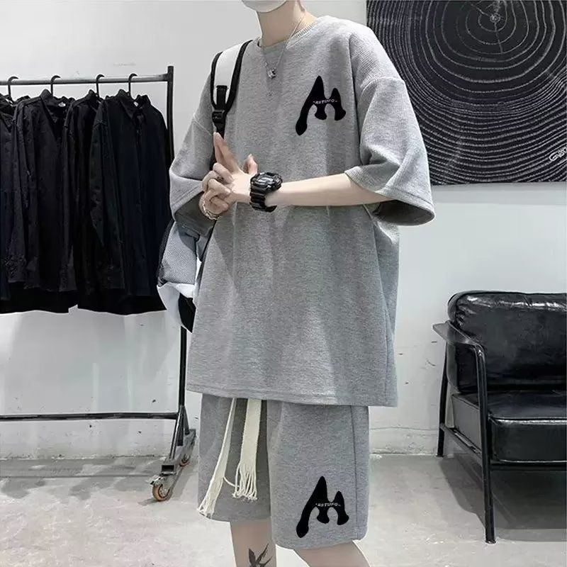 Herren Waffel Kurzarm T-Shirt Freizeitanzug Ins Trendy Fashion Hübsche Shorts Zweiteiliger Anzug_voghion.com