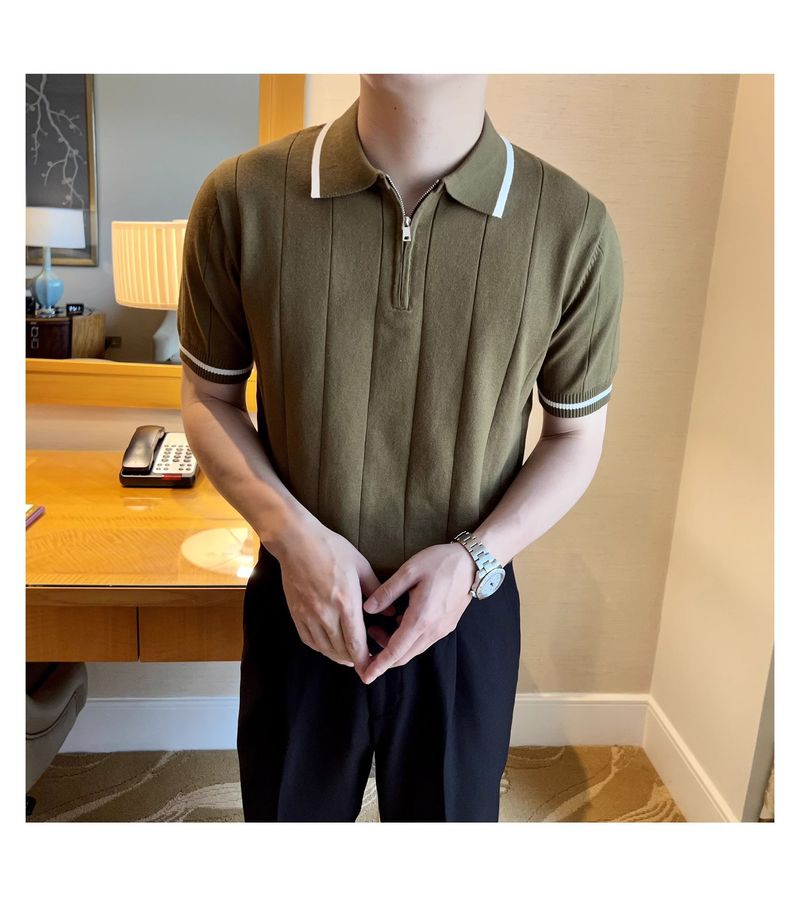 Performance-Poloshirt für Herren – Atmungsaktives Strickoberteil mit halbem Reißverschluss und Kontrastkragen_voghion.com