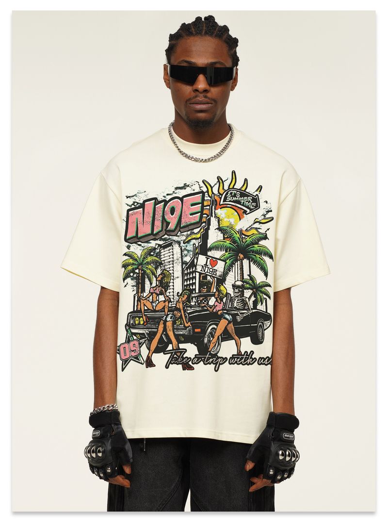 Vyriški drabužiai, 2025 m. Cross Border Summer CityParty American Street Washhed tiesioginio įpurškimo spausdinimas didelio svorio vyrams su apvalia kakle trumpomis rankovėmis_voghion.com