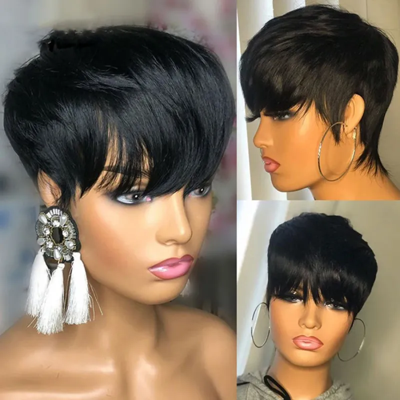 Korte Bobpruiken Rechte pruik van menselijk haar met pony Peruaanse maagdelijke haar Pixie Cut-pruik Goedkope pruik van menselijk haar voor zwarte vrouwen_voghion.com