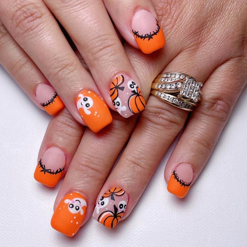 Short Square Armor Frosted Secluded Cute Pumpkin Ghost Halloween Element French Pumpkin Contrast Color False Nail 24 Pieces_voghion.com