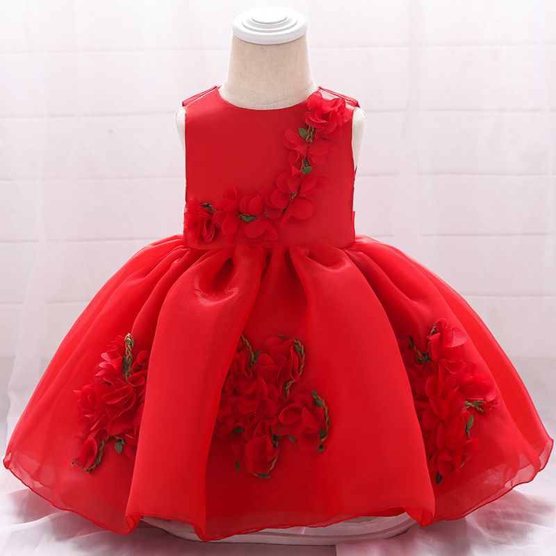 Baby Girl Organza Dress - Fluffy Princess Gown With Handmade Flowers | Adjustable Flower Girl Outfit_voghion.com