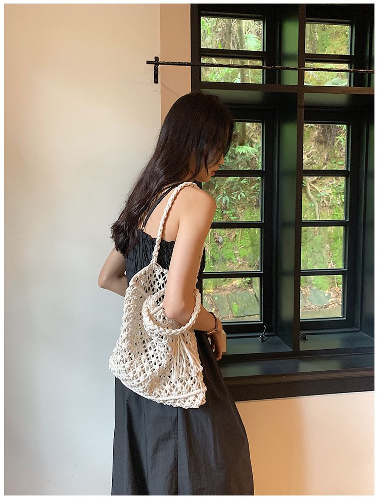 Vintage handgeweven strozak met franjes - Boheemse strandtas van netstof voor de zomervakantie, stijlvolle macramé schoudertas voor dames_voghion.com
